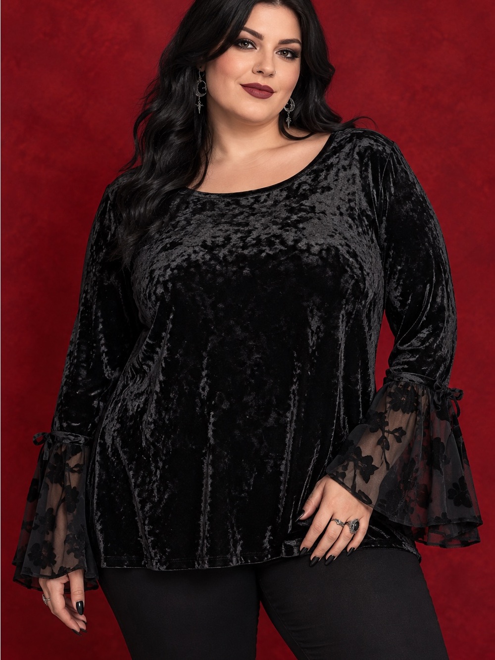 NWT Adiva Black Velvet Burnout Bell Sleeve Whimsigoth Witch Gothic 1X